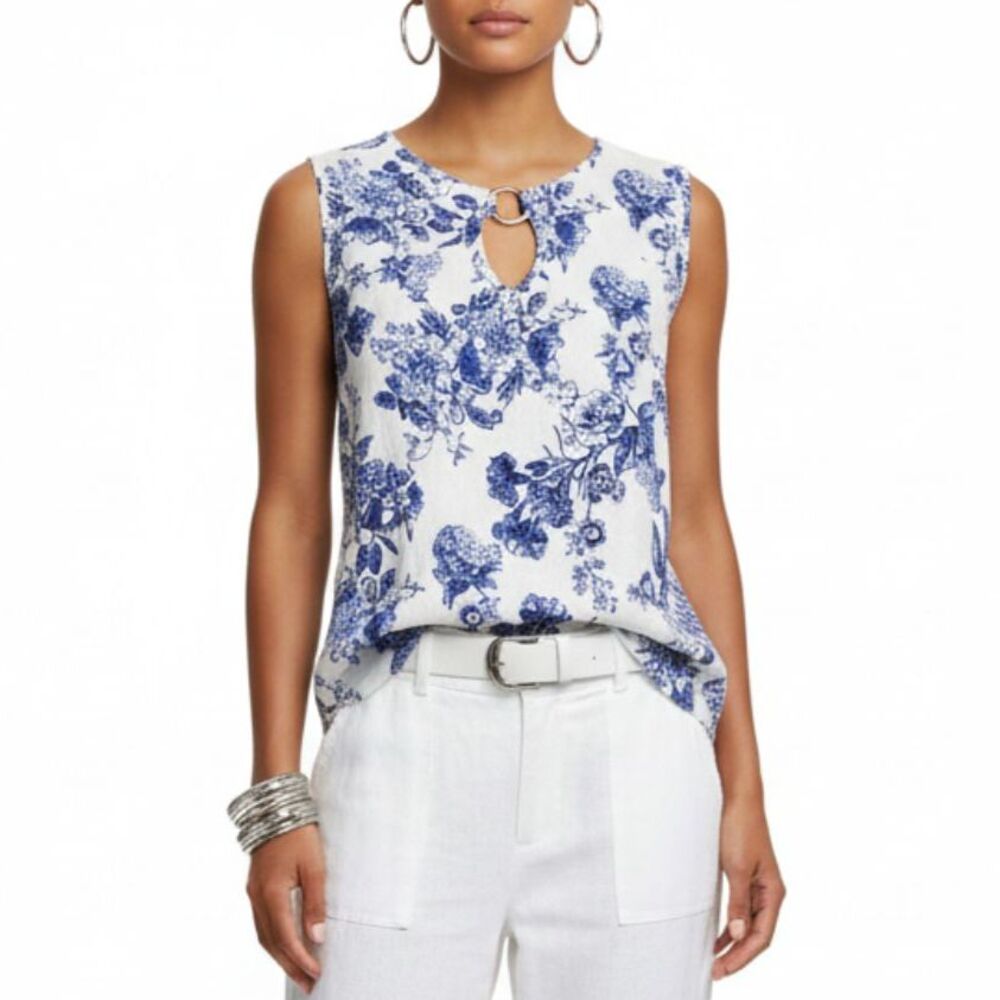 Harper 241 Blue & White 100% Linen Short Sleeve Blouse Top XL